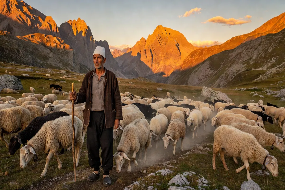 Bergers albanais menant leurs troupeaux dans les montagnes de Theth au lever du soleil