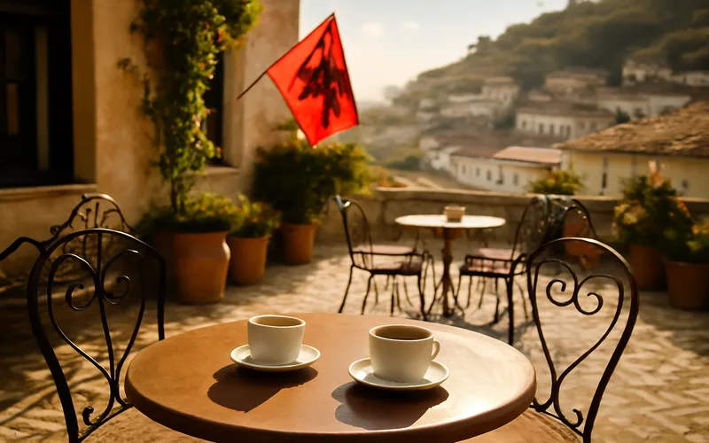Terrasse de cafe en Albanie, atmosphere romantique