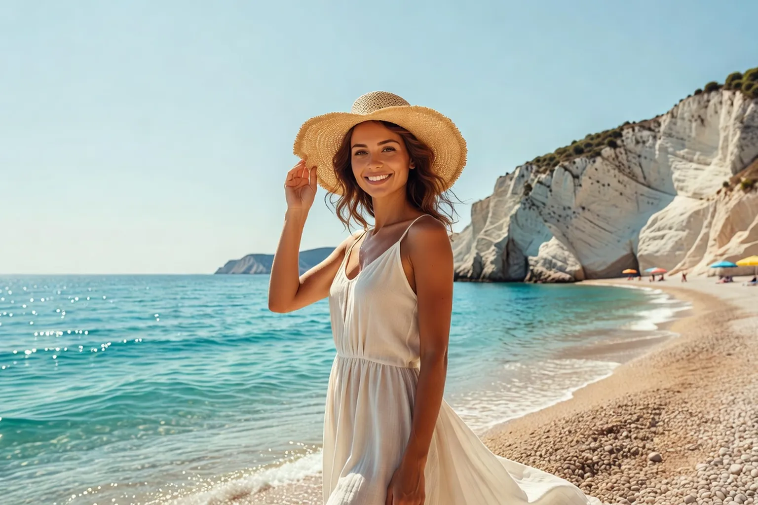 Voyageuse au chapeau de paille sur une plage de galets de la Riviera albanaise sous le soleil d'été