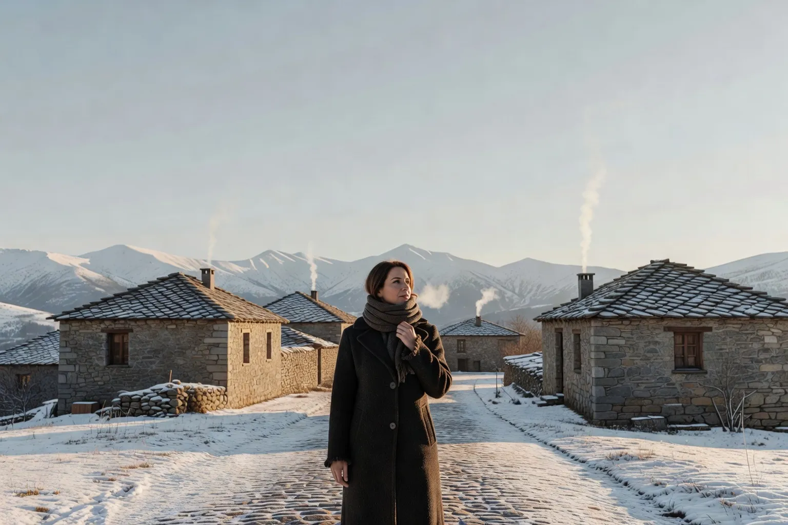 Voyageuse en manteau chaud devant un village de montagne albanais enneigé au petit matin
