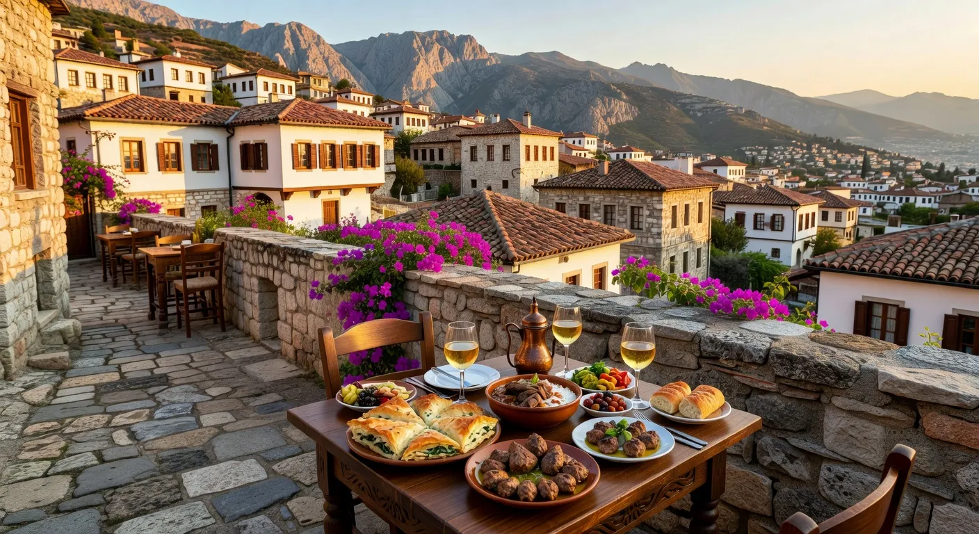 Table de restaurant albanais avec mezze et vue sur la mer