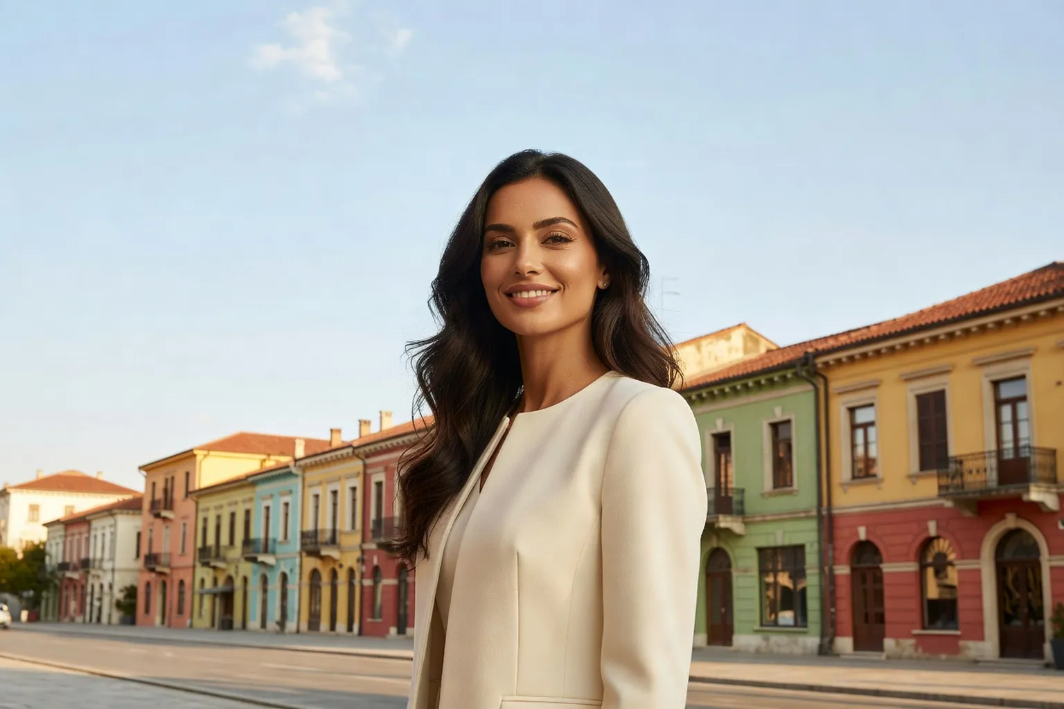 Femme élégante en veste crème, souriante, devant les façades colorées d'une rue d'Albanie