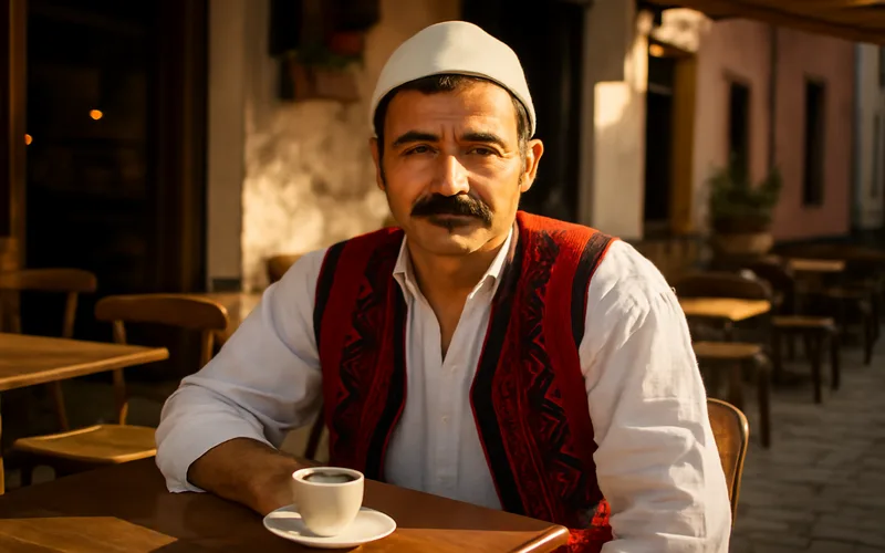 Portrait culturel d'un homme albanais dans un cafe de Tirana