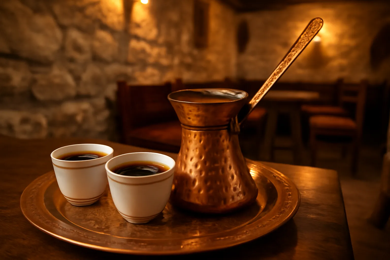 Cafe traditionnel albanais avec xhezve en cuivre