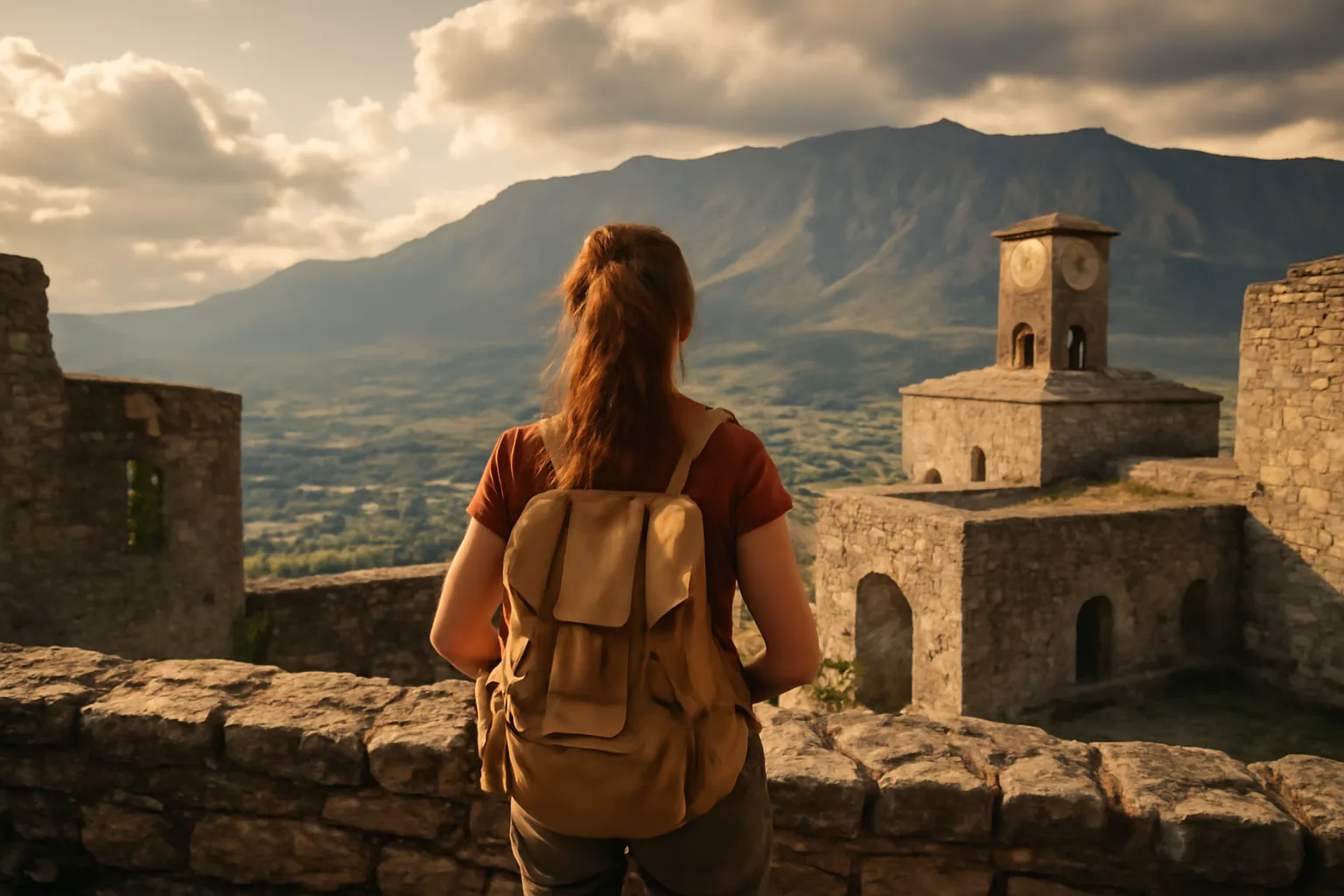 Voyageuse solo admirant le paysage depuis le chateau de Gjirokaster en Albanie